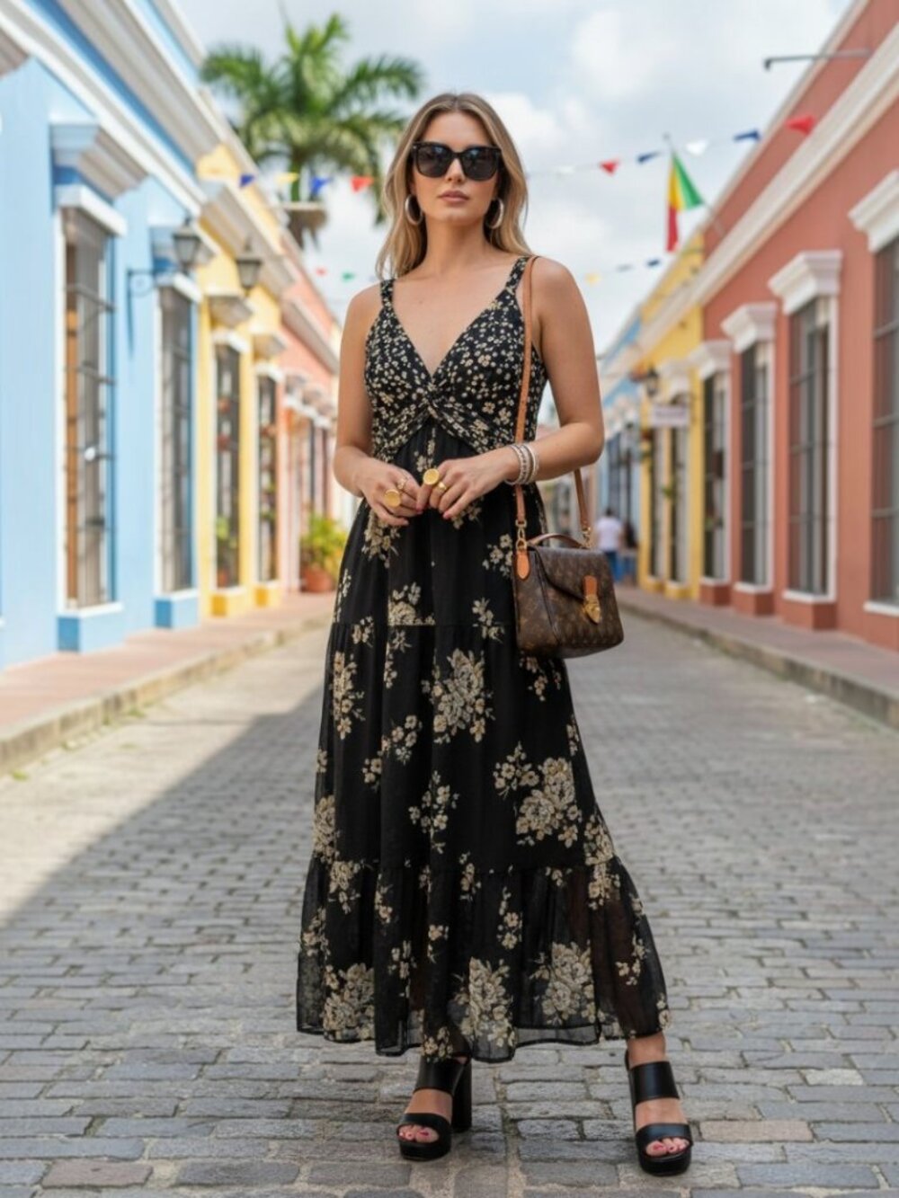 White House Black Market Black Floral Tiered Maxi Dress Size S